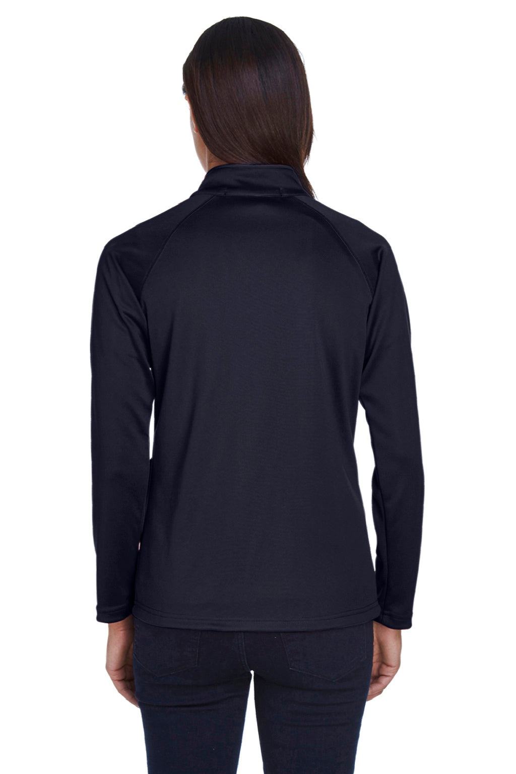 Devon & Jones DG440W Womens Compass Stretch Tech Moisture Wicking 1/4 Zip Sweatshirt w/ Pockets Navy Blue Model Back