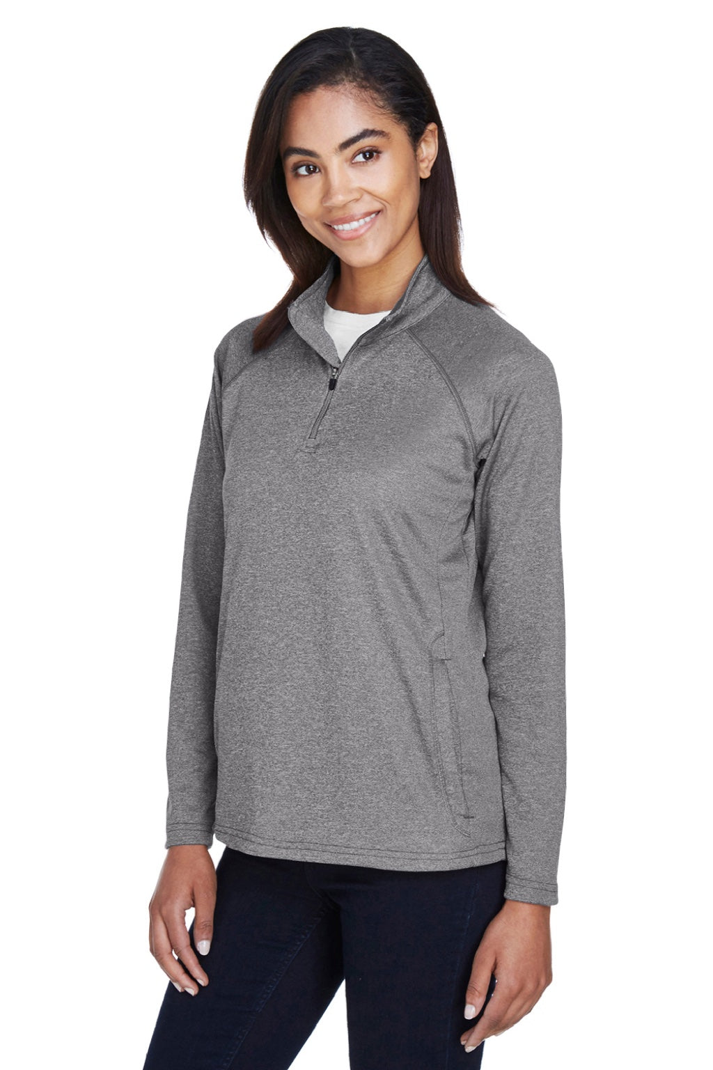 Devon & Jones DG440W Womens Compass Stretch Tech Moisture Wicking 1/4 Zip Sweatshirt w/ Pockets Heather Dark Grey Model 3q
