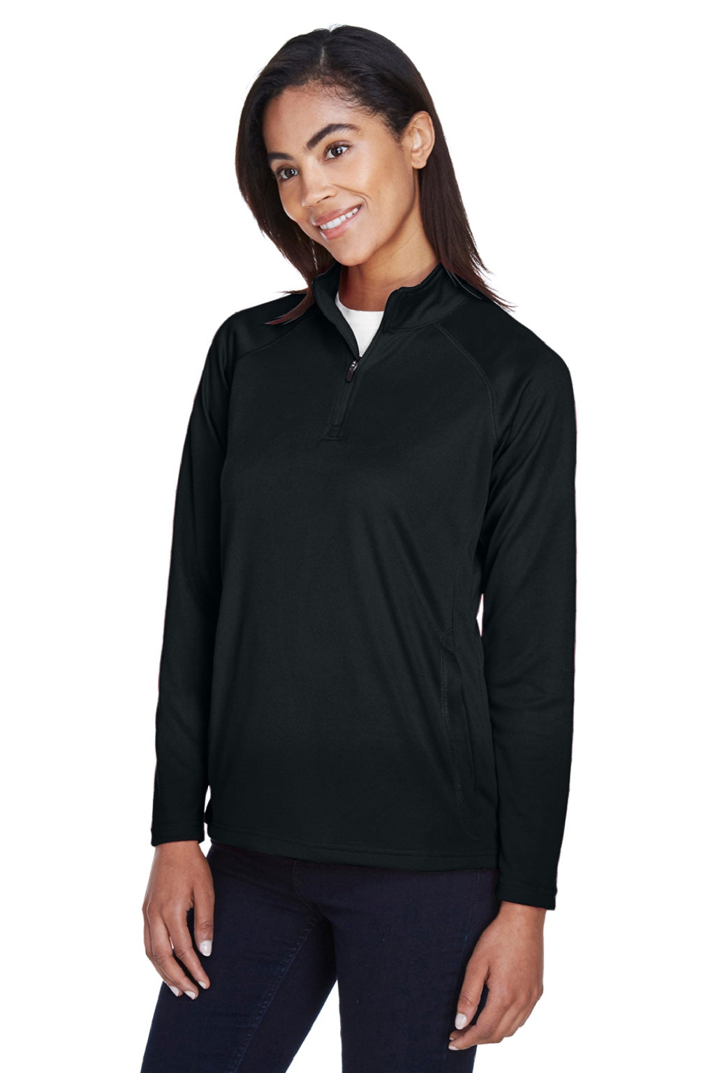 Devon & Jones DG440W Womens Compass Stretch Tech Moisture Wicking 1/4 Zip Sweatshirt w/ Pockets Black Model 3q