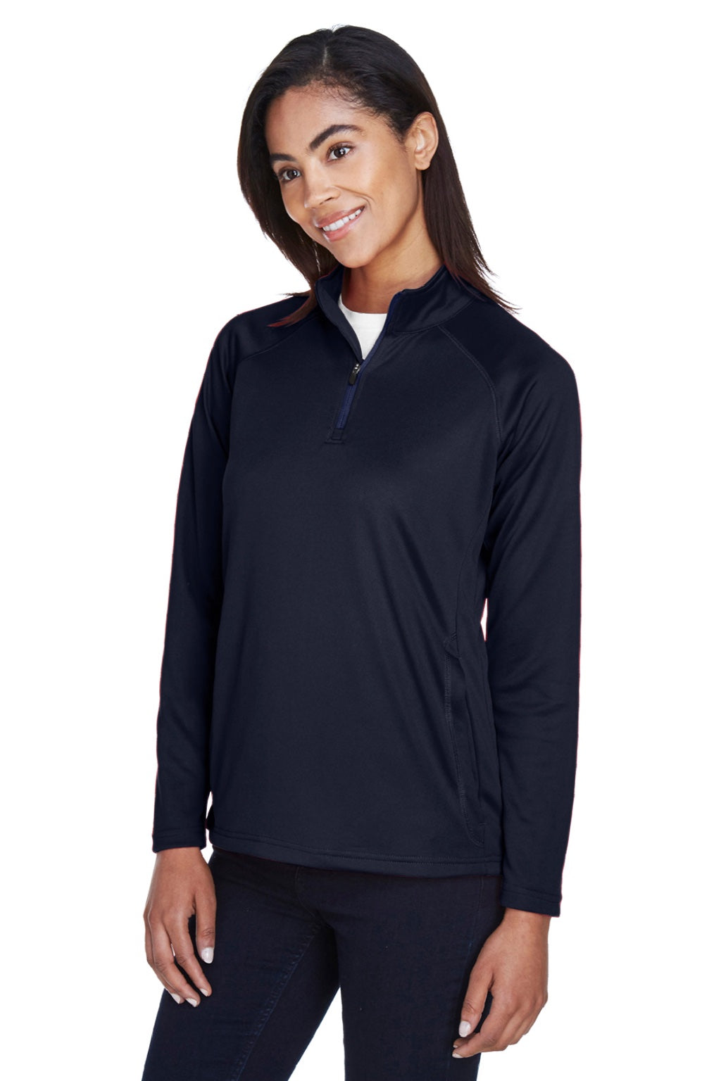 Devon & Jones DG440W Womens Compass Stretch Tech Moisture Wicking 1/4 Zip Sweatshirt w/ Pockets Navy Blue Model 3q