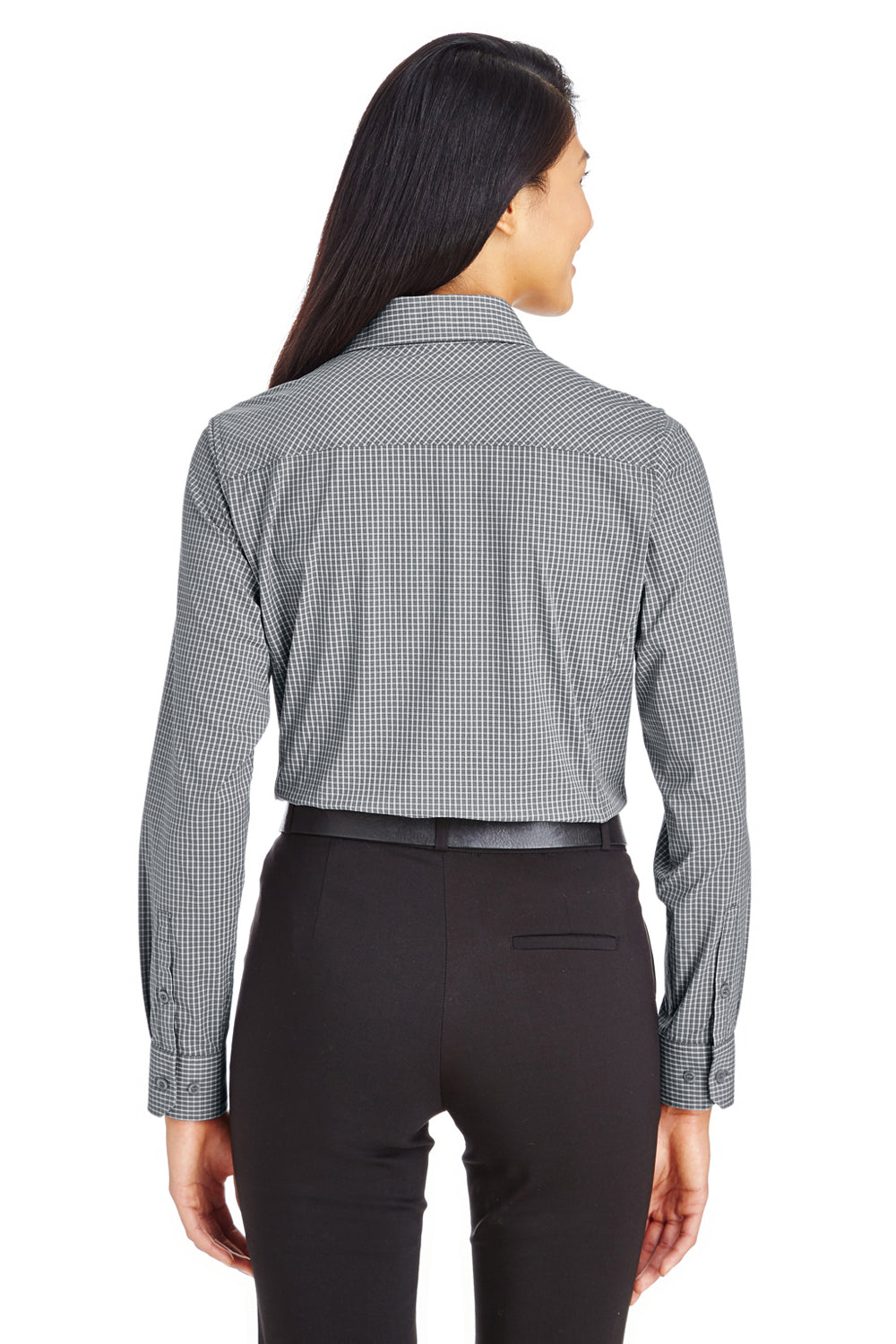Devon & Jones DG535W Womens CrownLux Performance Moisture Wicking Long Sleeve Button Down Shirt Graphite Grey Model Back
