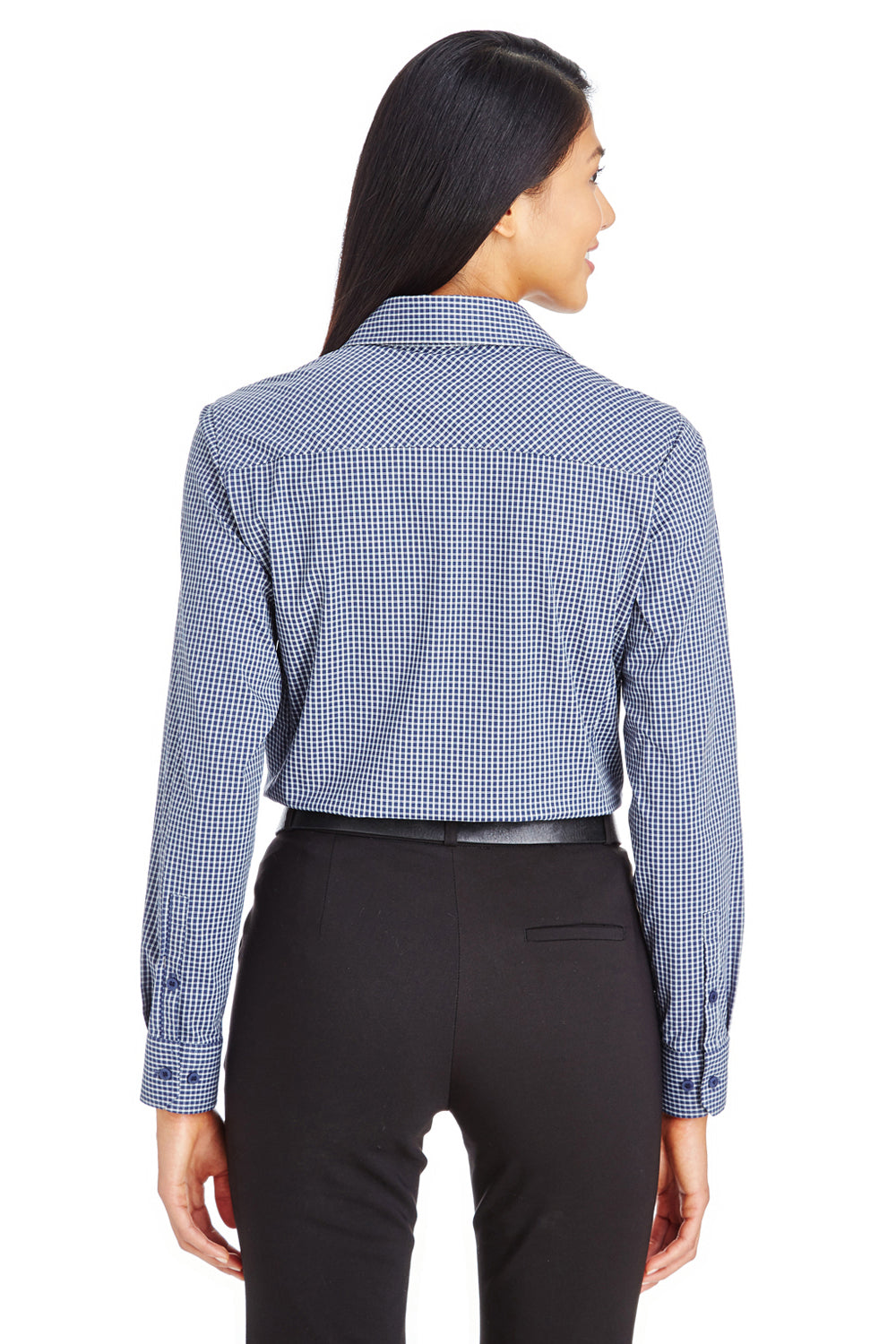 Devon & Jones DG535W Womens CrownLux Performance Moisture Wicking Long Sleeve Button Down Shirt Navy Blue Model Back