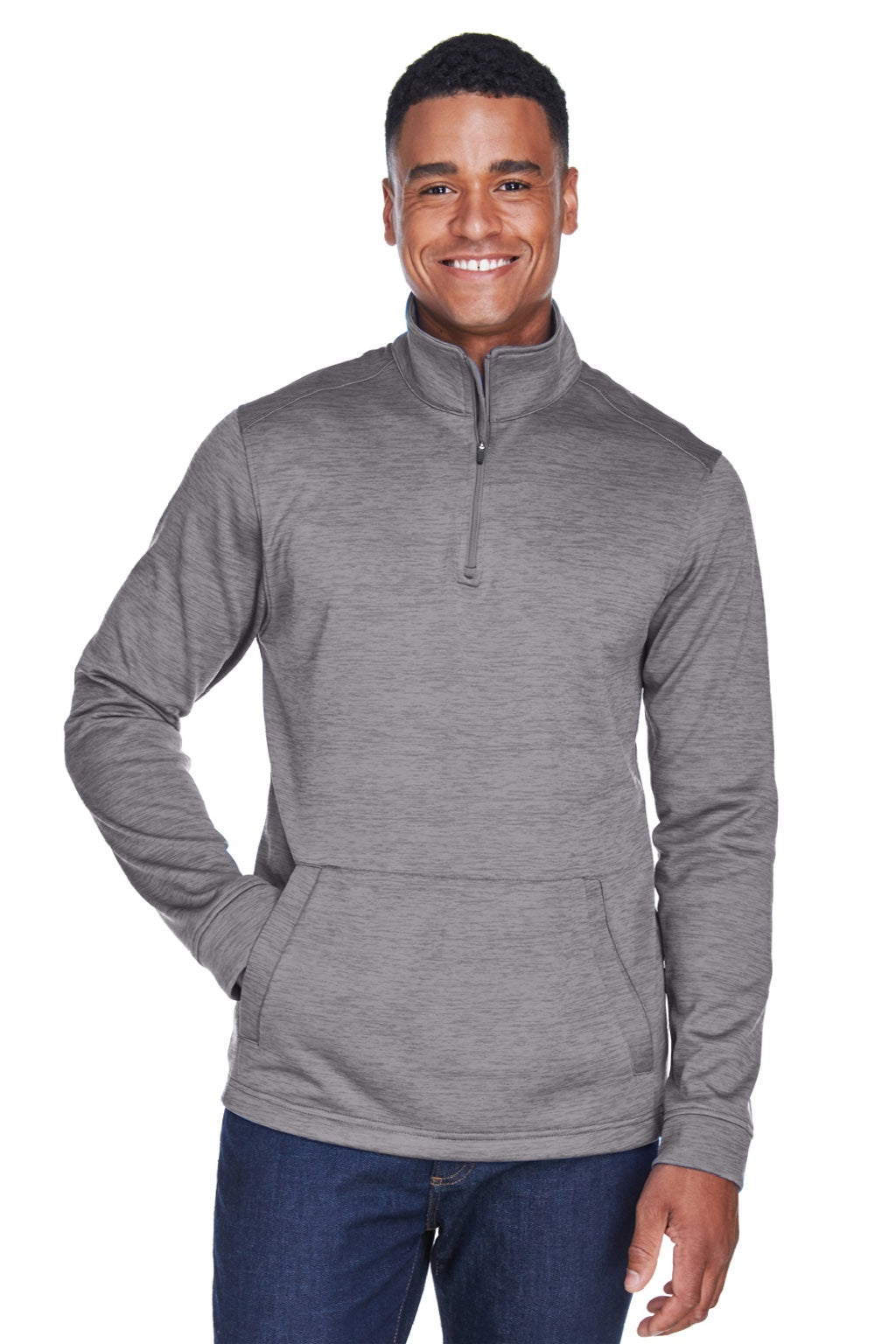 Devon & Jones DG798 Mens Newbury Fleece 1/4 Zip Sweatshirt w/ Pouch Pocket Heather Dark Grey Model Front