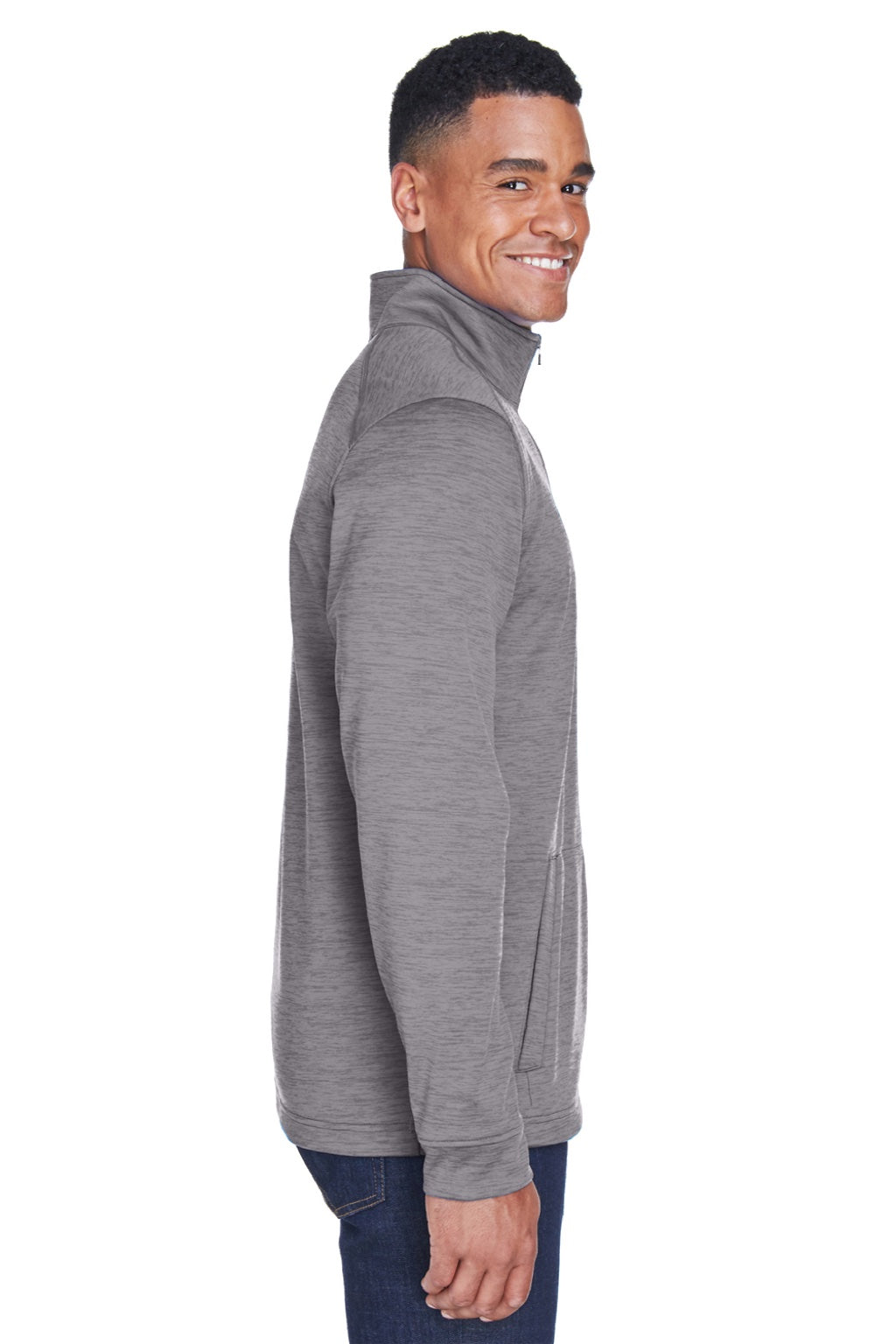 Devon & Jones DG798 Mens Newbury Fleece 1/4 Zip Sweatshirt w/ Pouch Pocket Heather Dark Grey Model Side
