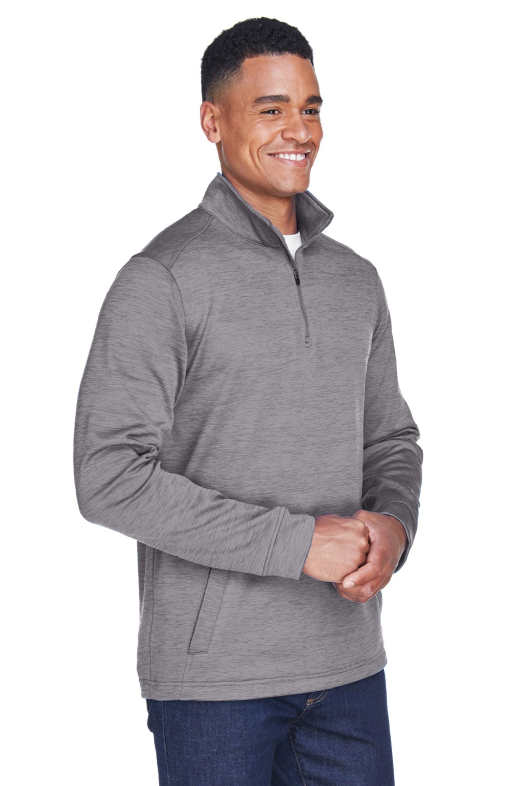 Devon & Jones DG798 Mens Newbury Fleece 1/4 Zip Sweatshirt w/ Pouch Pocket Heather Dark Grey Model 3q