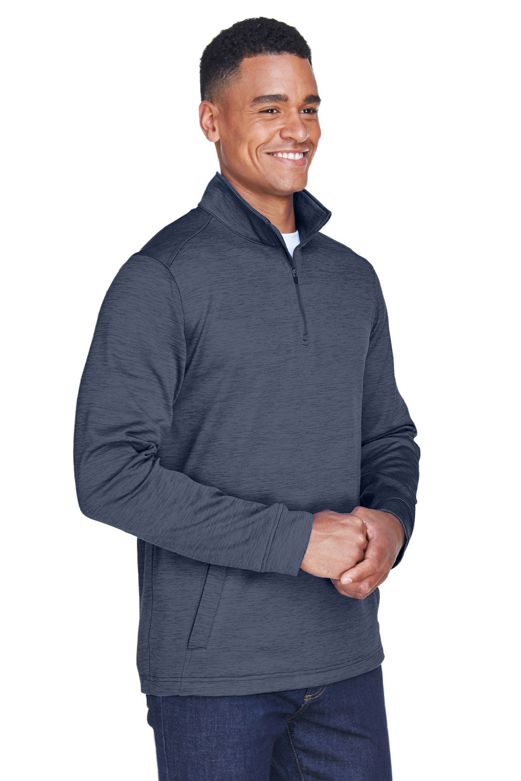 Devon & Jones DG798 Mens Newbury Fleece 1/4 Zip Sweatshirt w/ Pouch Pocket Heather Navy Blue Model 3q