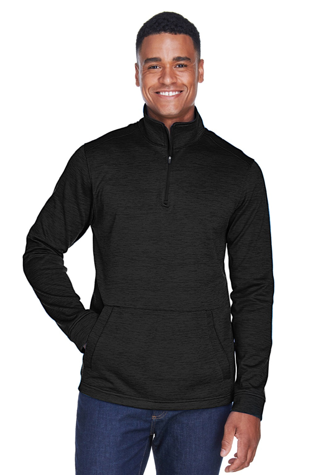 Devon & Jones DG798 Mens Newbury Fleece 1/4 Zip Sweatshirt w/ Pouch Pocket Heather Black Model Front