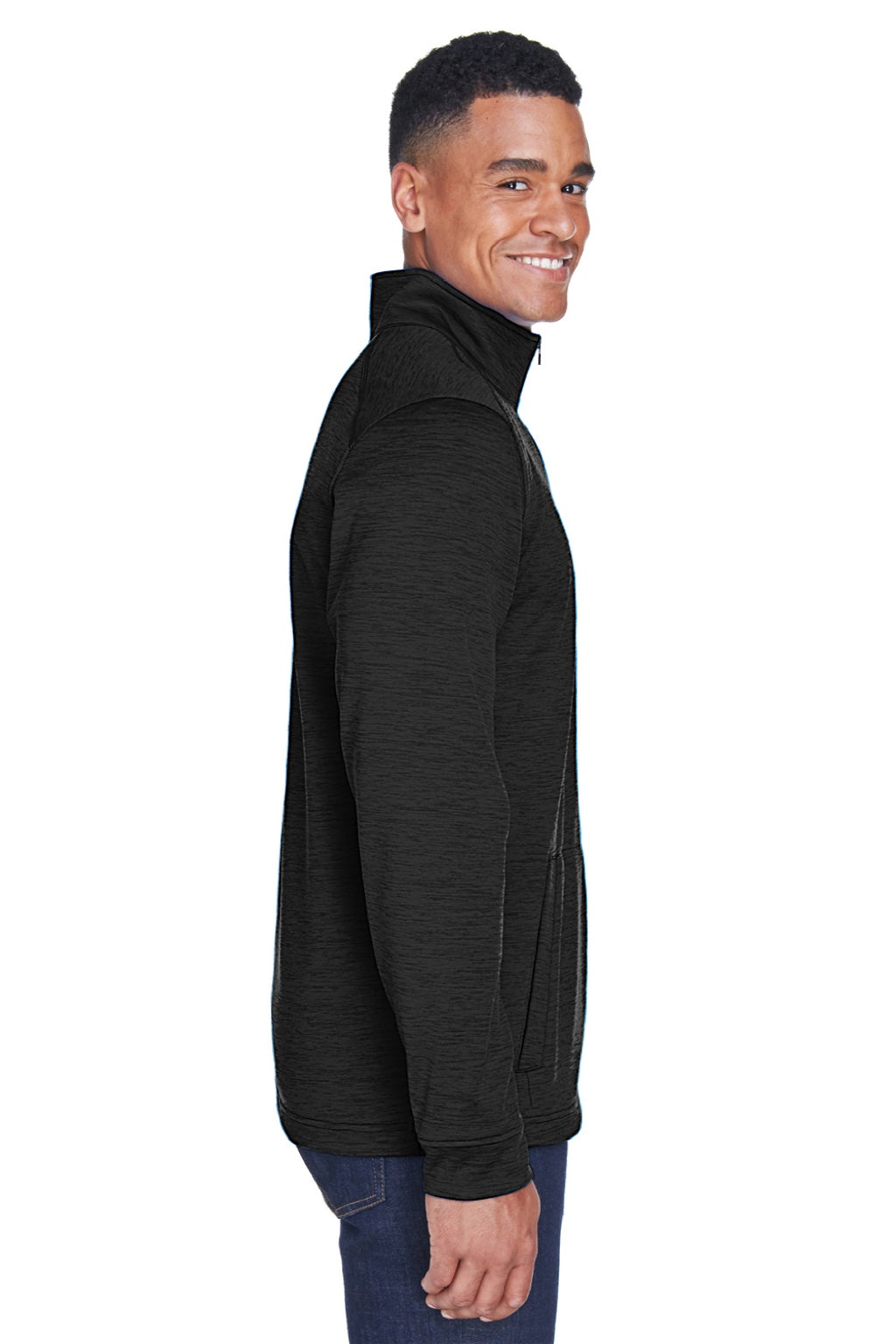 Devon & Jones DG798 Mens Newbury Fleece 1/4 Zip Sweatshirt w/ Pouch Pocket Heather Black Model Side