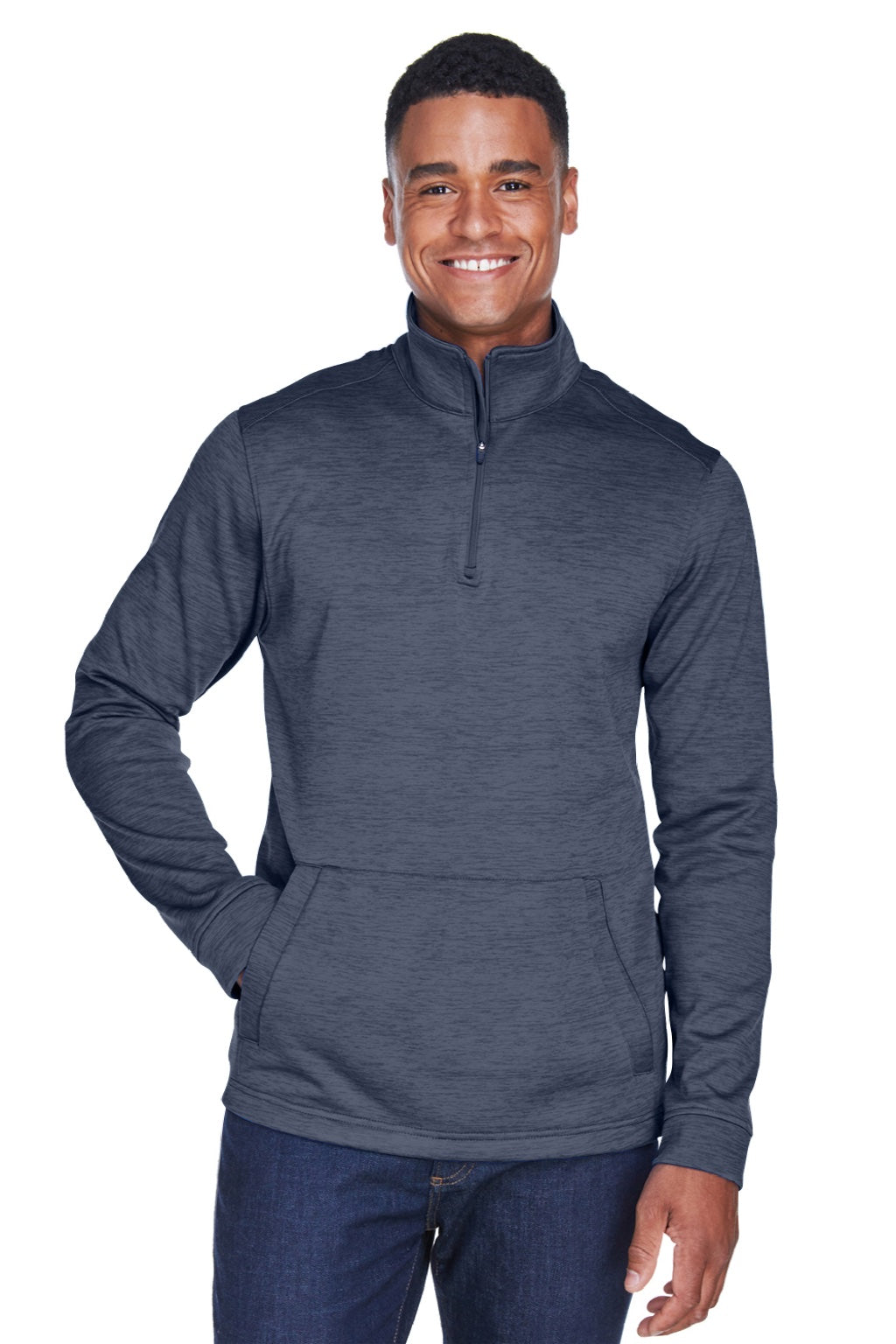 Devon & Jones DG798 Mens Newbury Fleece 1/4 Zip Sweatshirt w/ Pouch Pocket Heather Navy Blue Model Front