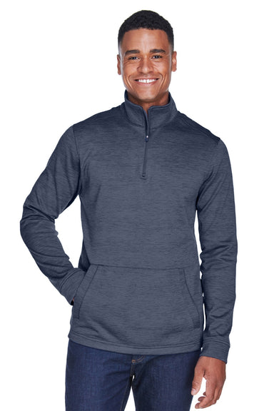Devon & Jones DG798 Mens Newbury Fleece 1/4 Zip Sweatshirt w/ Pouch Pocket Heather Navy Blue Model Front