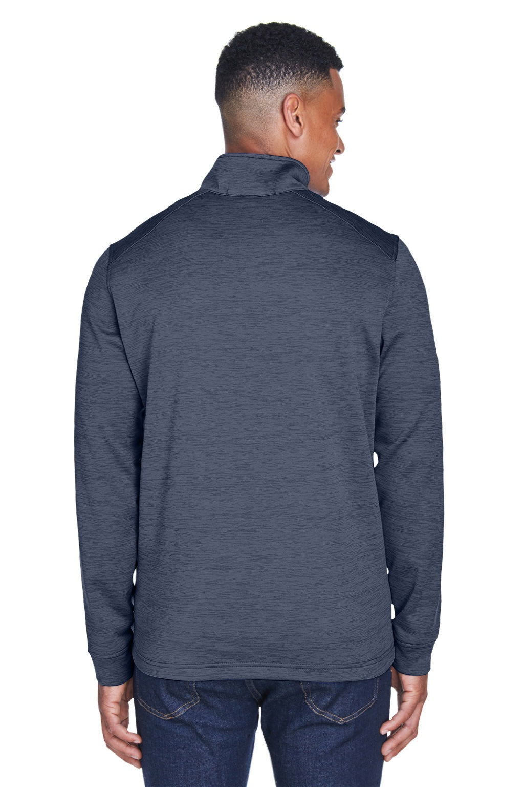 Devon & Jones DG798 Mens Newbury Fleece 1/4 Zip Sweatshirt w/ Pouch Pocket Heather Navy Blue Model Back