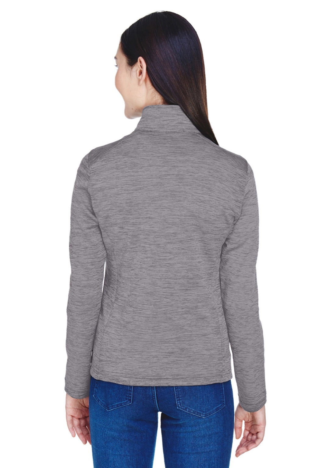 Devon & Jones DG798W Womens Newbury Fleece 1/4 Zip Sweatshirt w/ Pouch Pocket Heather Dark Grey Model Back
