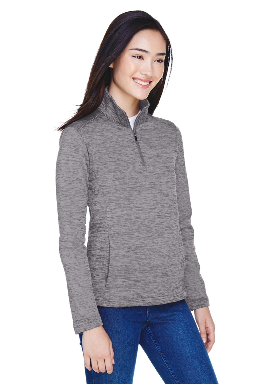 Devon & Jones DG798W Womens Newbury Fleece 1/4 Zip Sweatshirt w/ Pouch Pocket Heather Dark Grey Model 3q