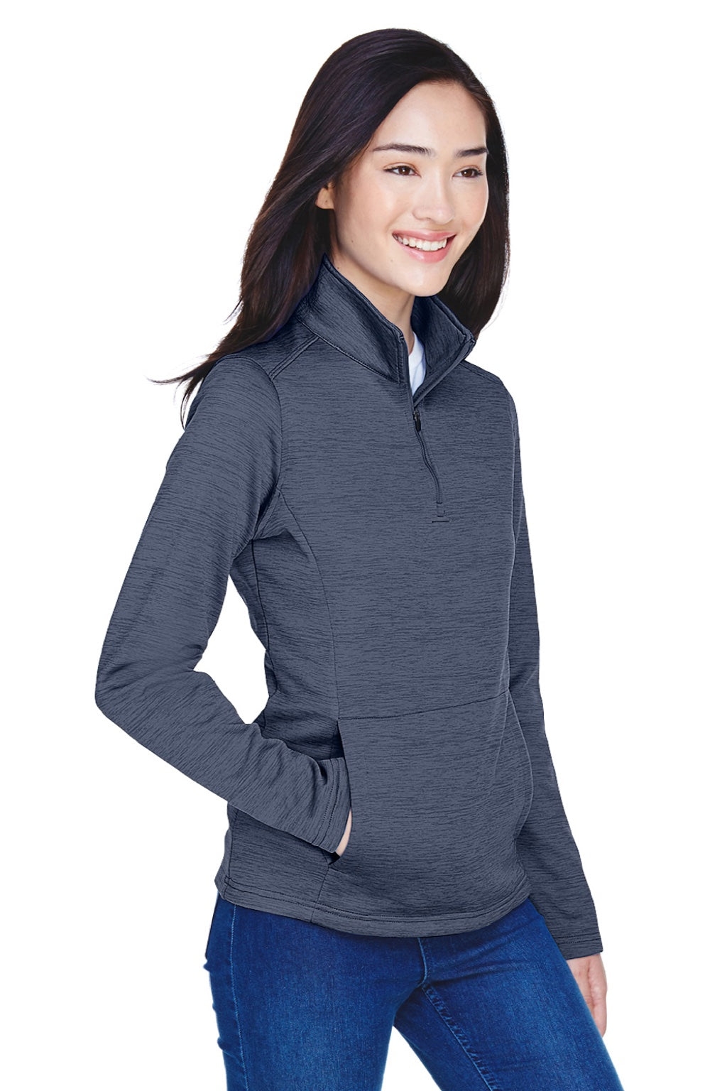 Devon & Jones DG798W Womens Newbury Fleece 1/4 Zip Sweatshirt w/ Pouch Pocket Heather Navy Blue Model 3q