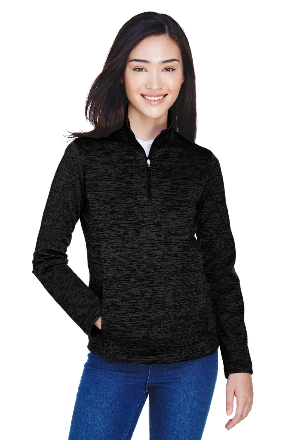 Devon & Jones DG798W Womens Newbury Fleece 1/4 Zip Sweatshirt w/ Pouch Pocket Heather Black Model Front