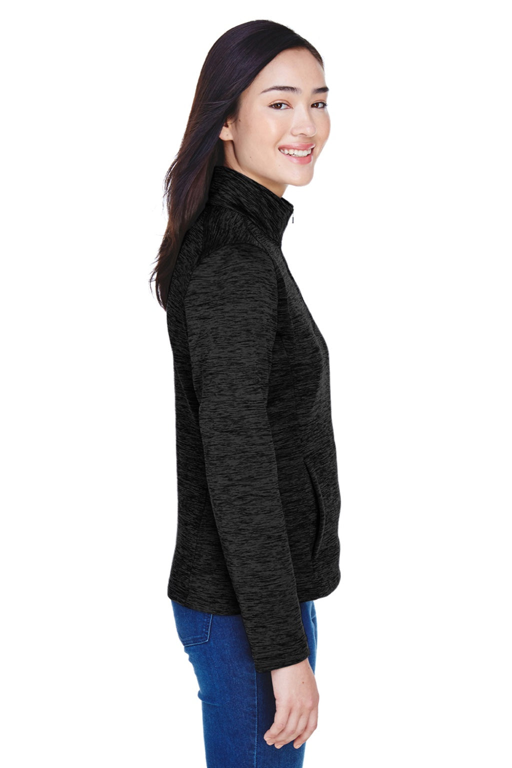 Devon & Jones DG798W Womens Newbury Fleece 1/4 Zip Sweatshirt w/ Pouch Pocket Heather Black Model Side