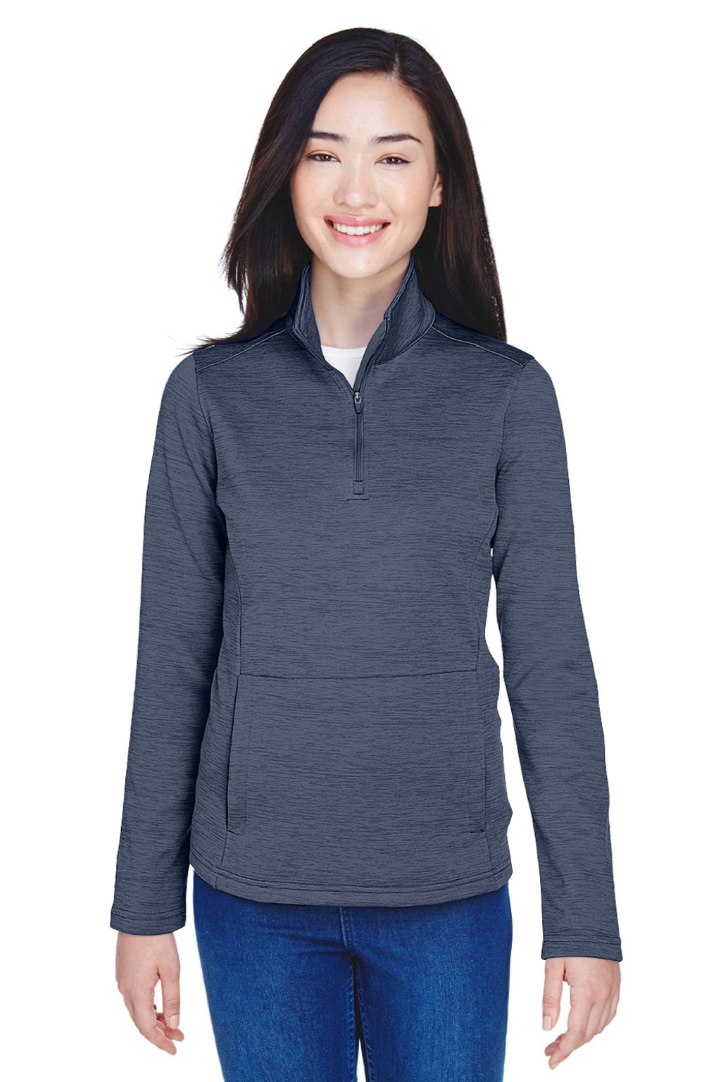 Devon & Jones DG798W Womens Newbury Fleece 1/4 Zip Sweatshirt w/ Pouch Pocket Heather Navy Blue Model Front