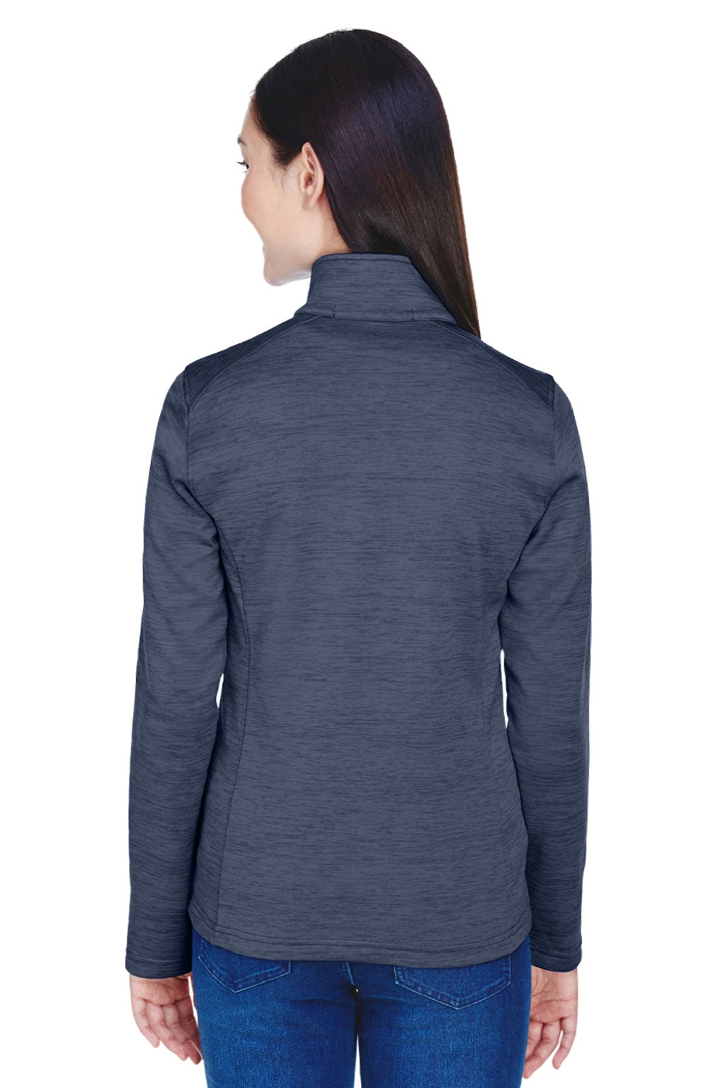 Devon & Jones DG798W Womens Newbury Fleece 1/4 Zip Sweatshirt w/ Pouch Pocket Heather Navy Blue Model Back