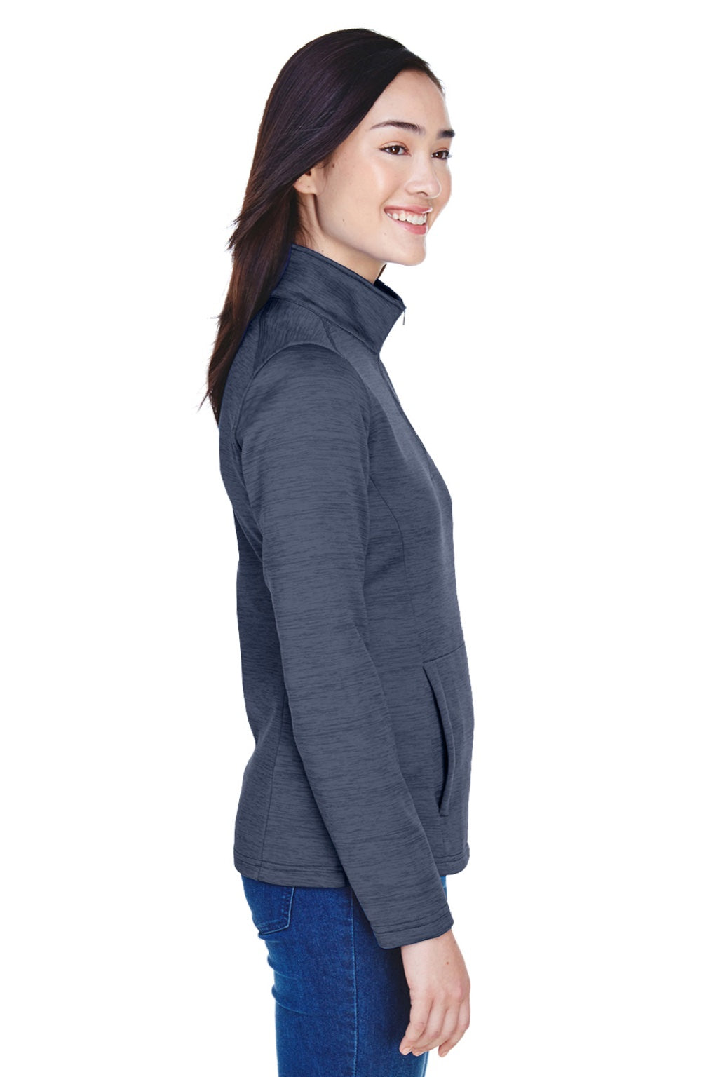 Devon & Jones DG798W Womens Newbury Fleece 1/4 Zip Sweatshirt w/ Pouch Pocket Heather Navy Blue Model Side