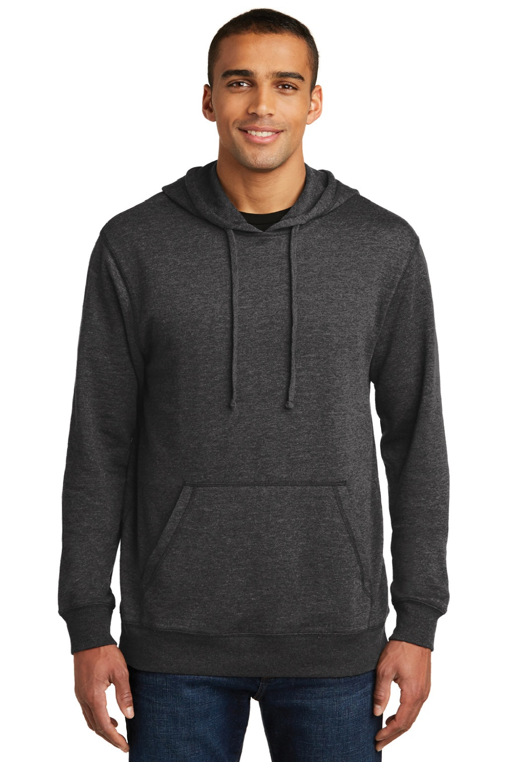 District DM391 Mens Fleece Hooded Sweatshirt Hoodie w/ Pouch Pocket Heather Black Model Front