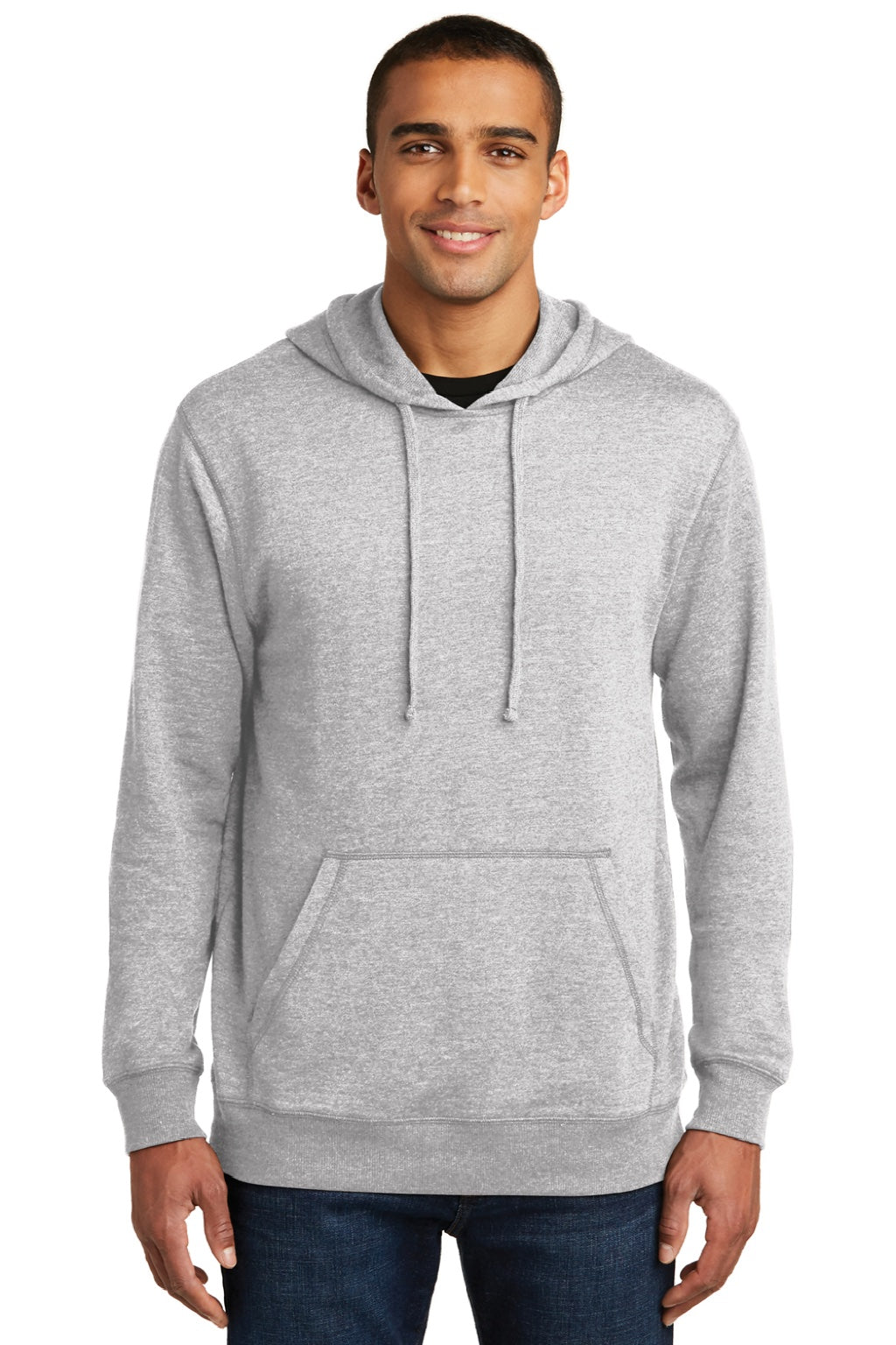 District DM391 Mens Fleece Hooded Sweatshirt Hoodie w/ Pouch Pocket Heather Grey Model Front
