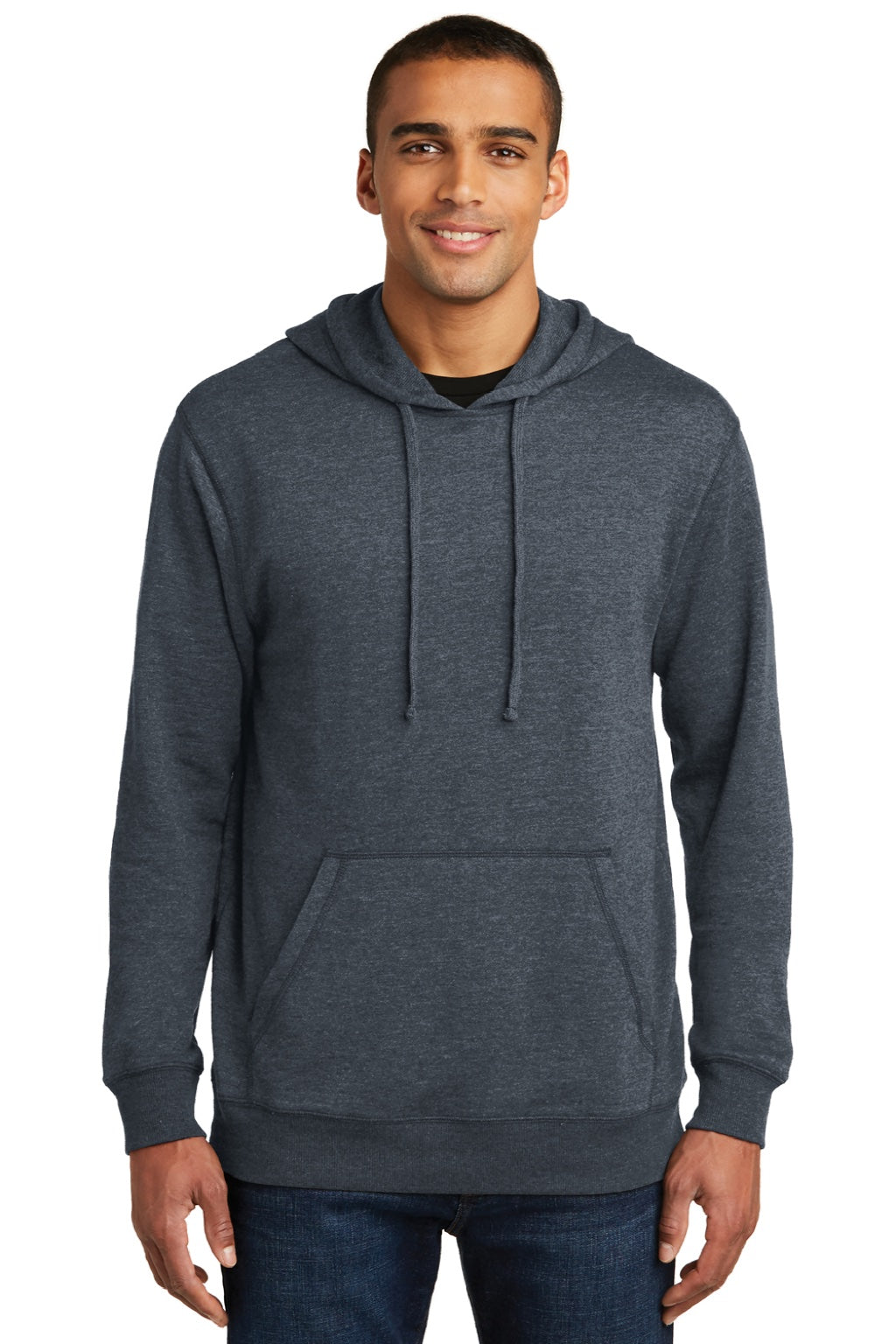 District DM391 Mens Fleece Hooded Sweatshirt Hoodie w/ Pouch Pocket Heather Navy Blue Model Front