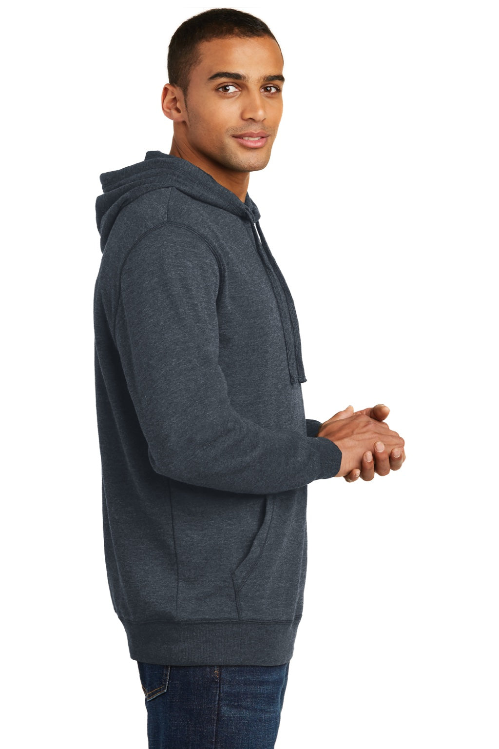 District DM391 Mens Fleece Hooded Sweatshirt Hoodie w/ Pouch Pocket Heather Navy Blue Model Side