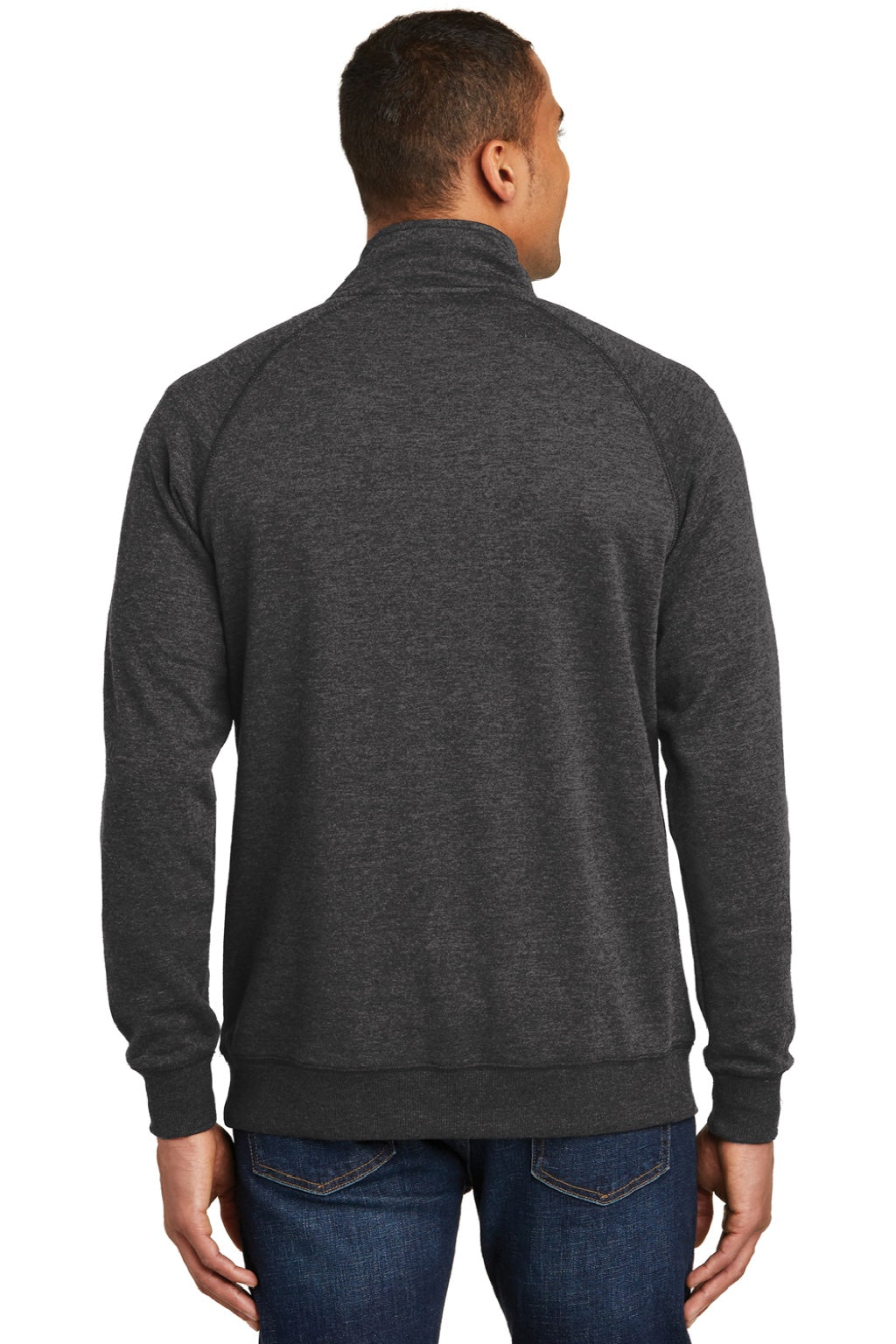 District DM392 Mens Fleece 1/4 Zip Sweatshirt w/ Pouch Pocket Heather Black Model Back