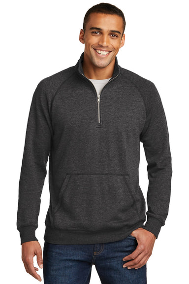 District DM392 Mens Fleece 1/4 Zip Sweatshirt w/ Pouch Pocket Heather Black Model Front