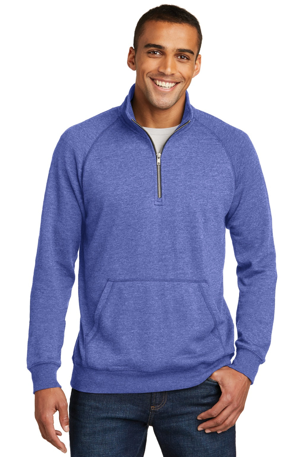 District DM392 Mens Fleece 1/4 Zip Sweatshirt w/ Pouch Pocket Heather Deep Royal Blue Model Front