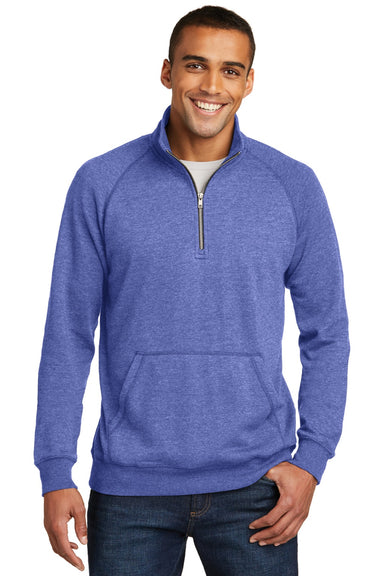District DM392 Mens Fleece 1/4 Zip Sweatshirt w/ Pouch Pocket Heather Deep Royal Blue Model Front