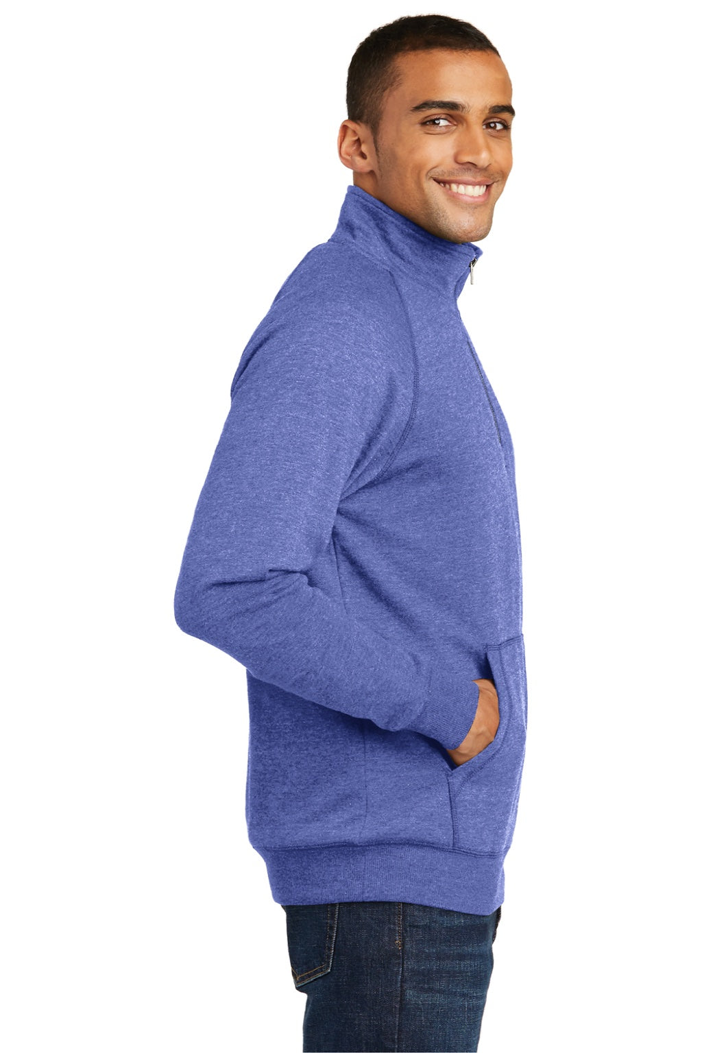 District DM392 Mens Fleece 1/4 Zip Sweatshirt w/ Pouch Pocket Heather Deep Royal Blue Model Side