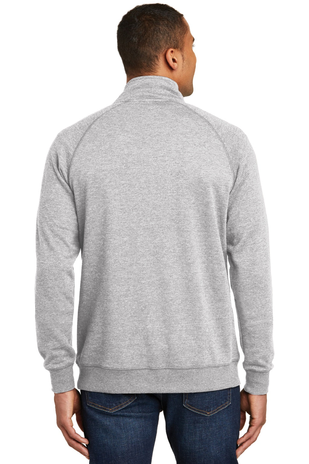 District DM392 Mens Fleece 1/4 Zip Sweatshirt w/ Pouch Pocket Heather Grey Model Back