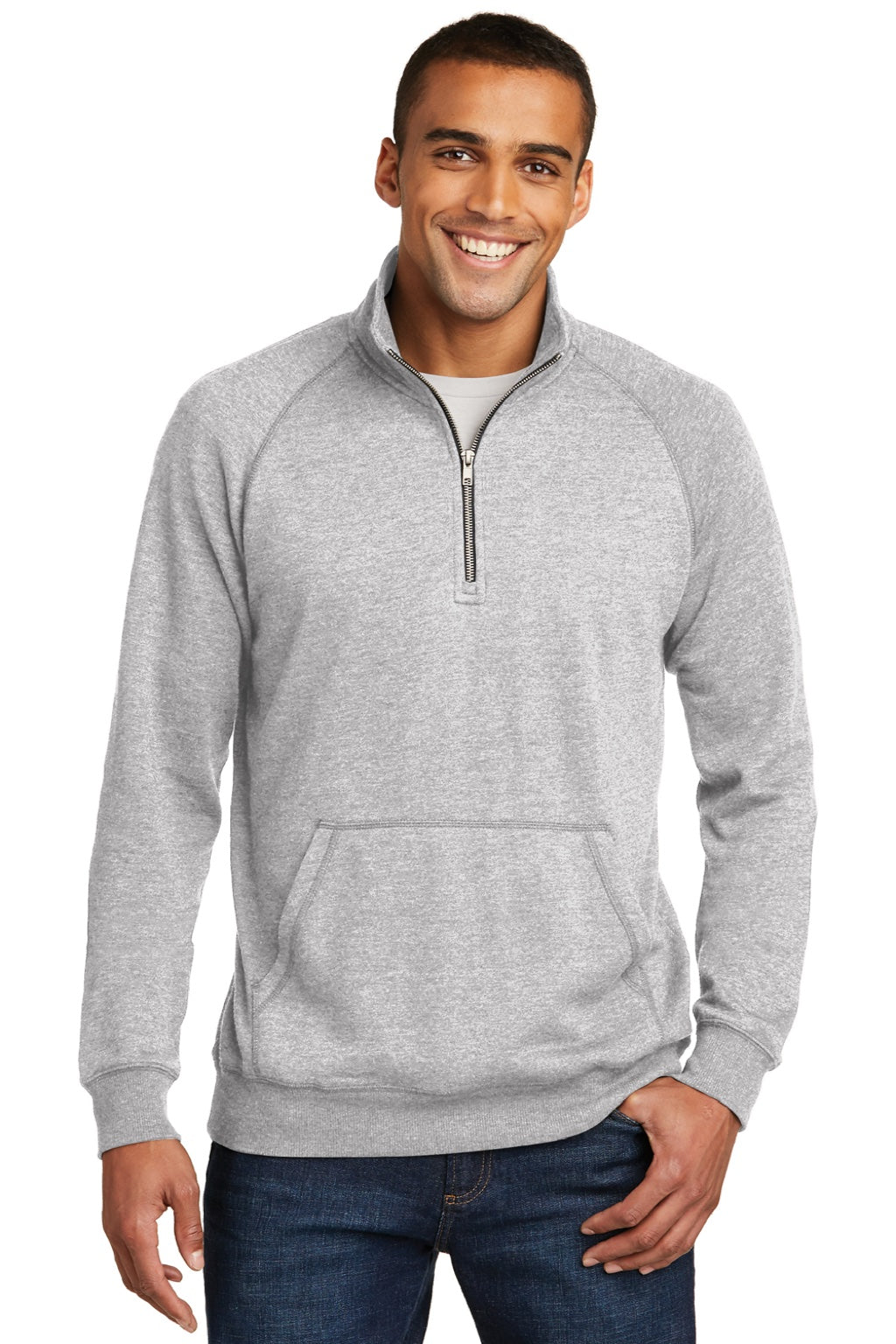 District DM392 Mens Fleece 1/4 Zip Sweatshirt w/ Pouch Pocket Heather Grey Model Front