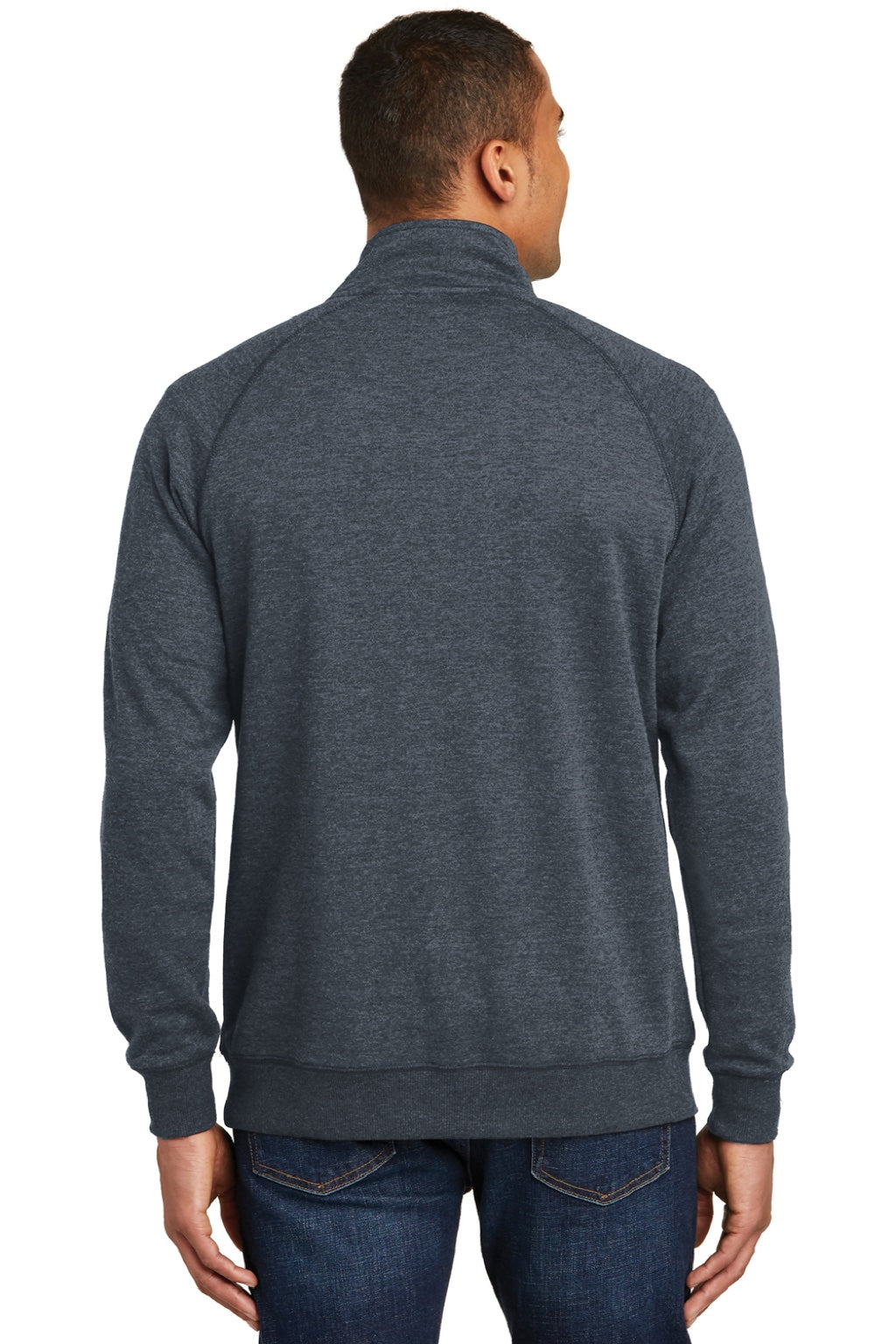 District DM392 Mens Fleece 1/4 Zip Sweatshirt w/ Pouch Pocket Heather Navy Blue Model Back