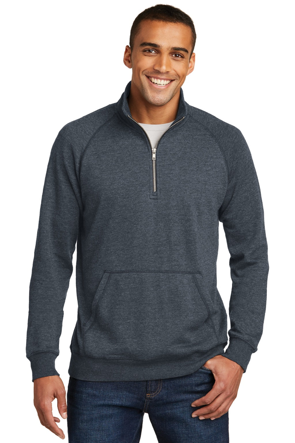 District DM392 Mens Fleece 1/4 Zip Sweatshirt w/ Pouch Pocket Heather Navy Blue Model Front