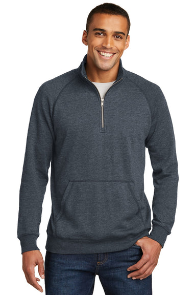 District DM392 Mens Fleece 1/4 Zip Sweatshirt w/ Pouch Pocket Heather Navy Blue Model Front