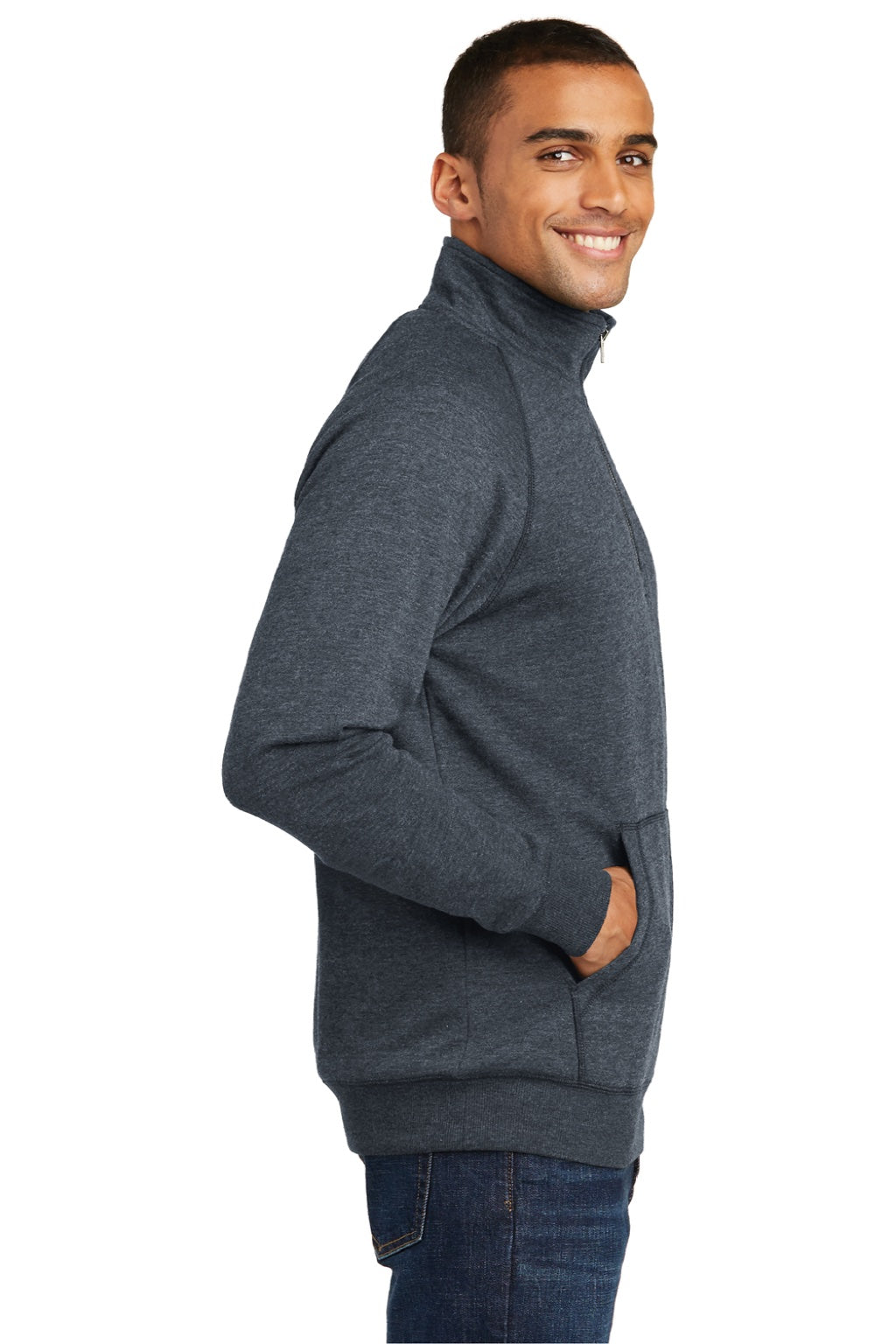District DM392 Mens Fleece 1/4 Zip Sweatshirt w/ Pouch Pocket Heather Navy Blue Model Side