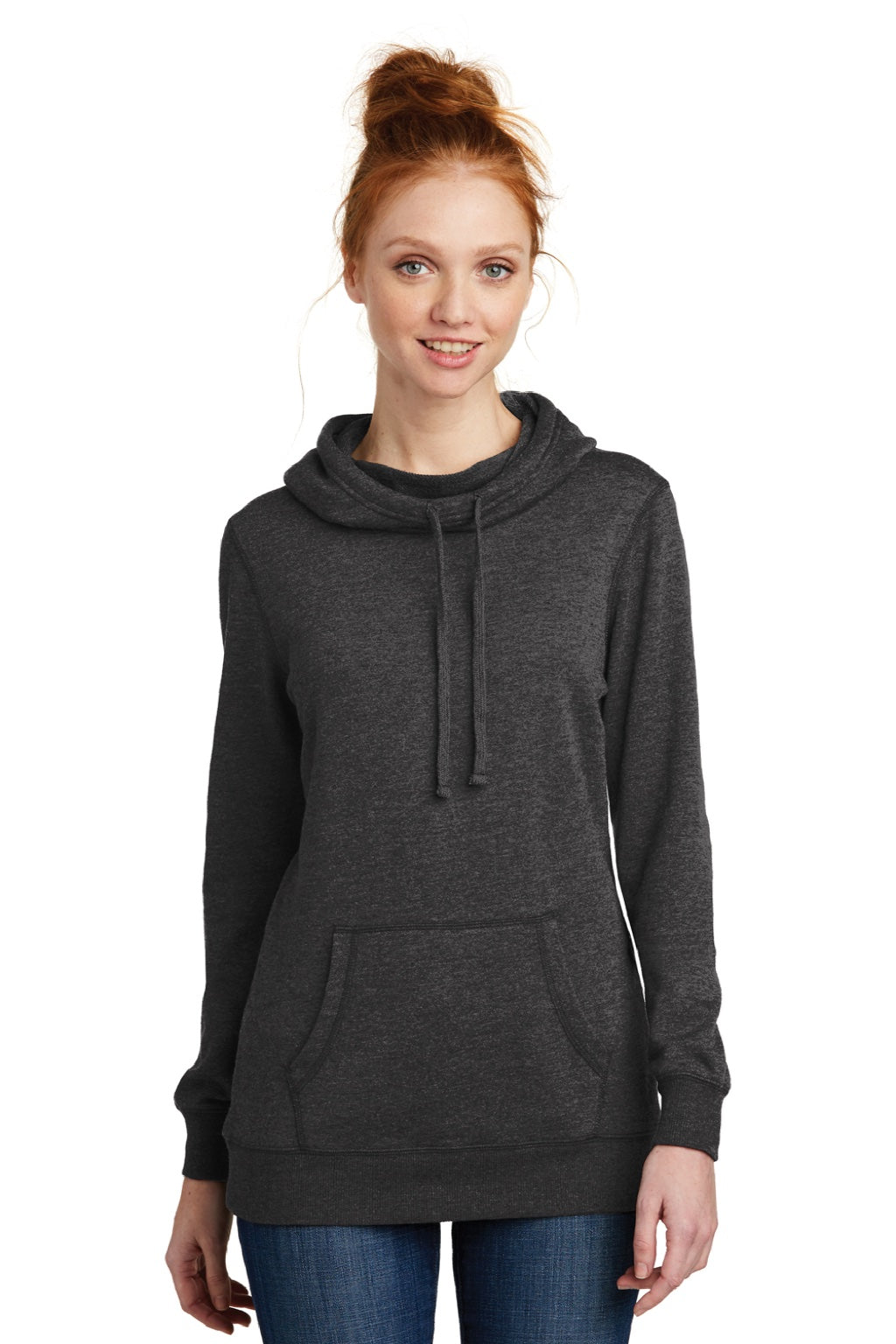 District DM493 Womens Fleece Hooded Sweatshirt Hoodie w/ Pouch Pocket Heather Black Model Front