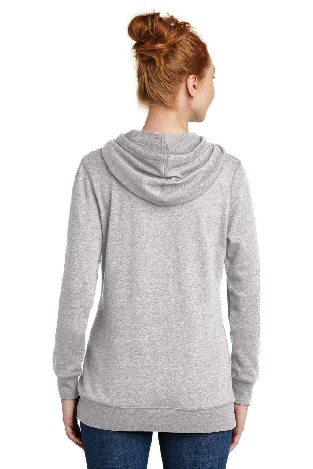 District DM493 Womens Fleece Hooded Sweatshirt Hoodie w/ Pouch Pocket Heather Grey Model Back