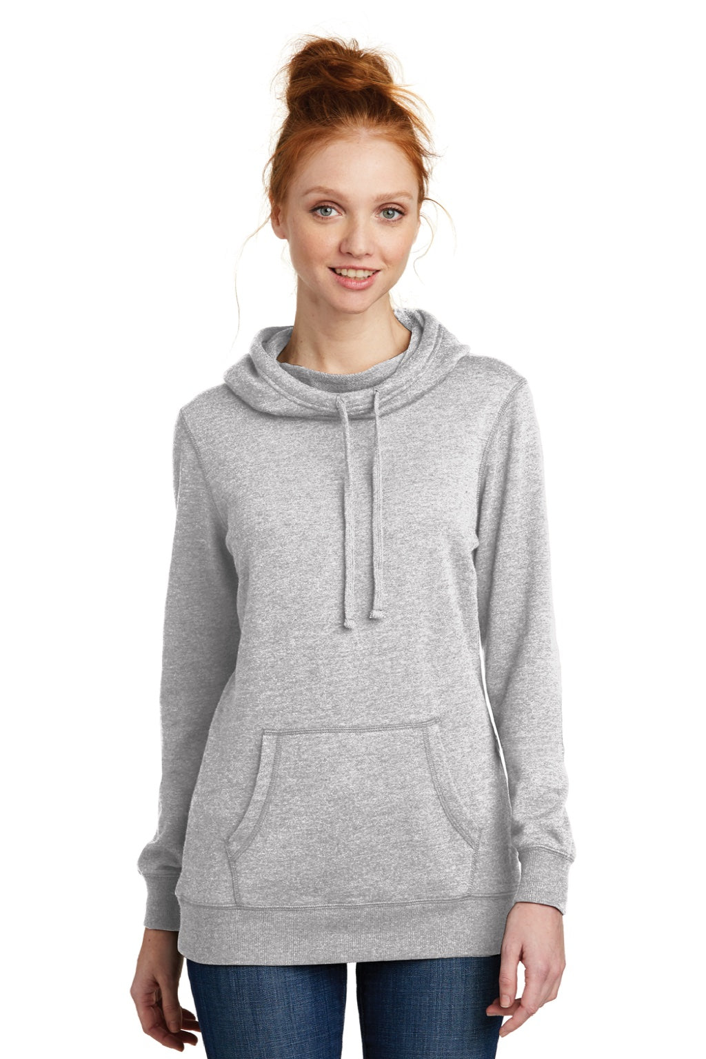 District DM493 Womens Fleece Hooded Sweatshirt Hoodie w/ Pouch Pocket Heather Grey Model Front