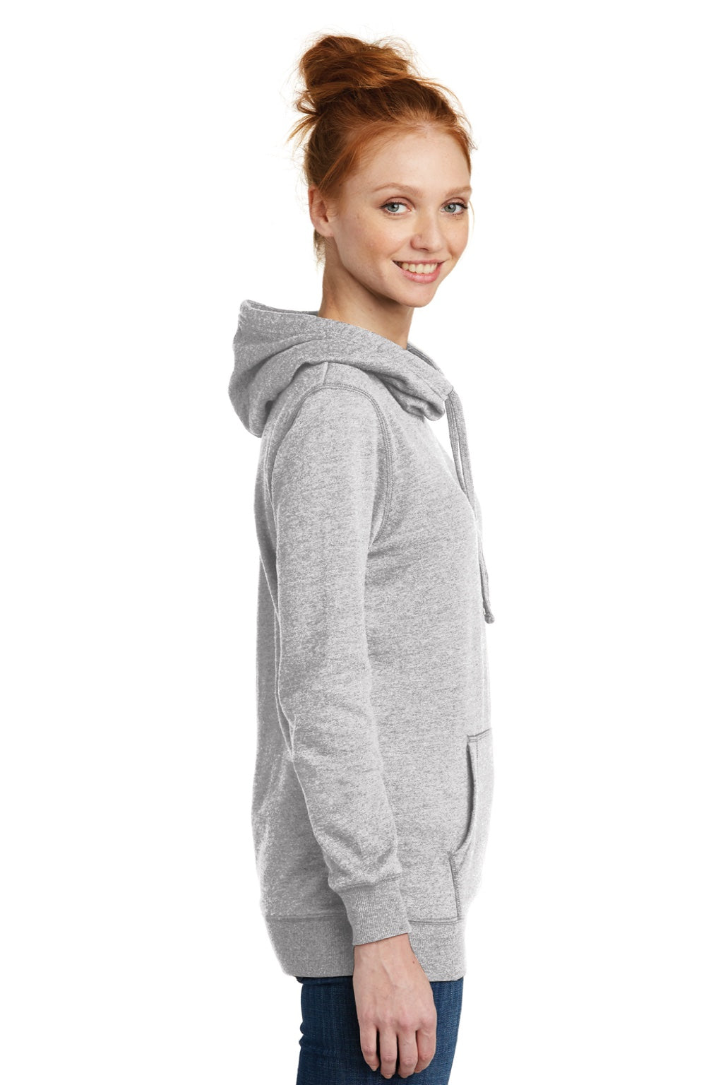 District DM493 Womens Fleece Hooded Sweatshirt Hoodie w/ Pouch Pocket Heather Grey Model Side
