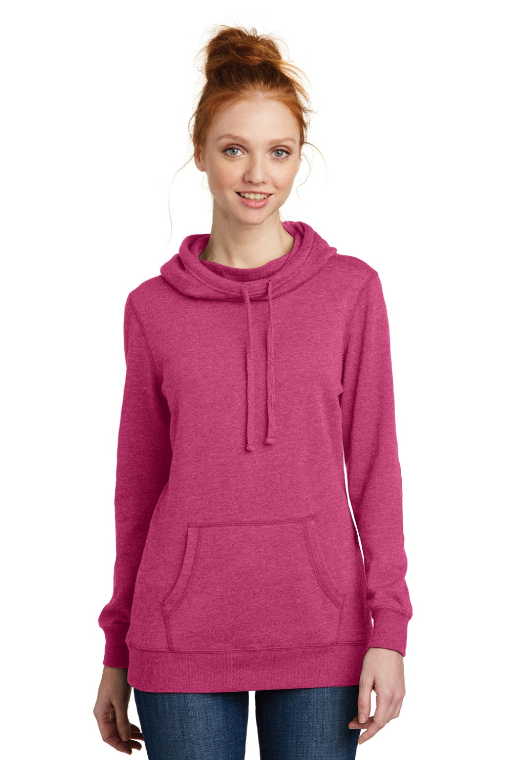 District DM493 Womens Fleece Hooded Sweatshirt Hoodie w/ Pouch Pocket Heather Azalea Pink Model Front