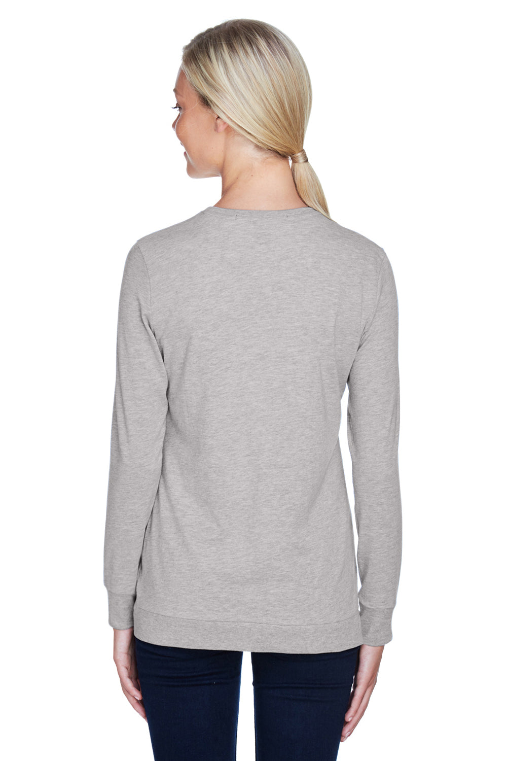 Devon & Jones DP181W Womens Perfect Fit Ribbon Cardigan Sweater Heather Grey Model Back