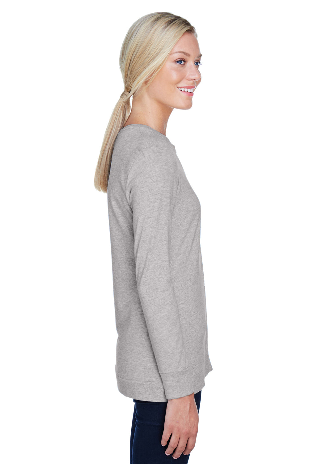 Devon & Jones DP181W Womens Perfect Fit Ribbon Cardigan Sweater Heather Grey Model Side