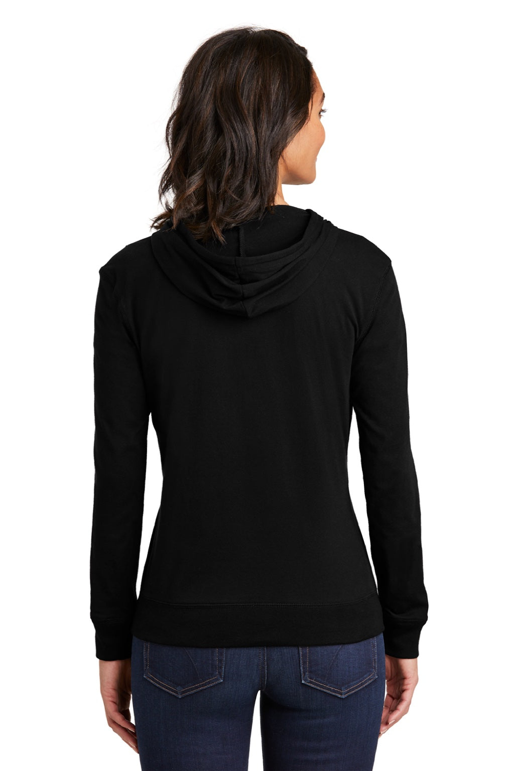 District DT2100 Womens Full Zip Hooded Sweatshirt Hoodie w/ Pockets Black Model Back
