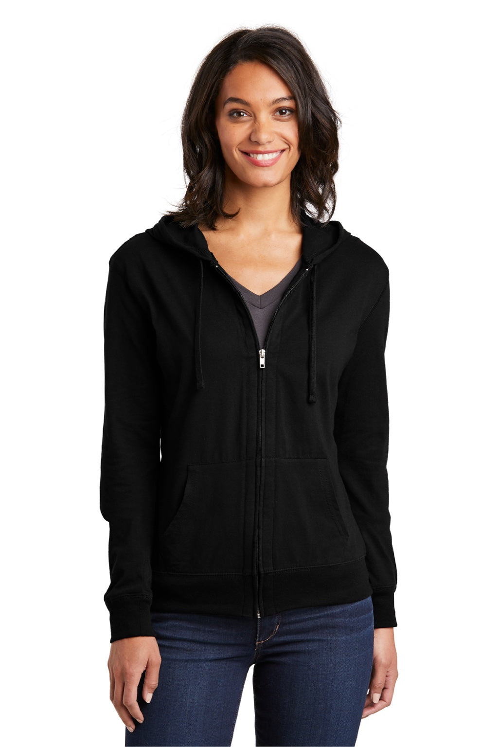 District DT2100 Womens Full Zip Hooded Sweatshirt Hoodie w/ Pockets Black Model Front