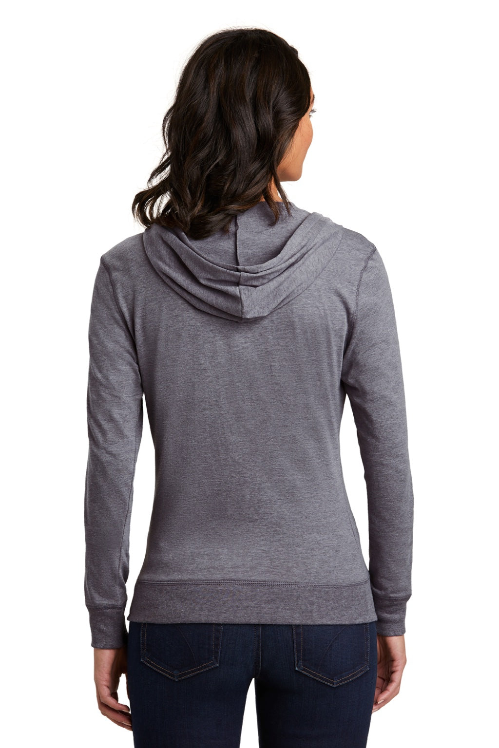 District DT2100 Womens Full Zip Hooded Sweatshirt Hoodie w/ Pockets Heather Dark Grey Model Back