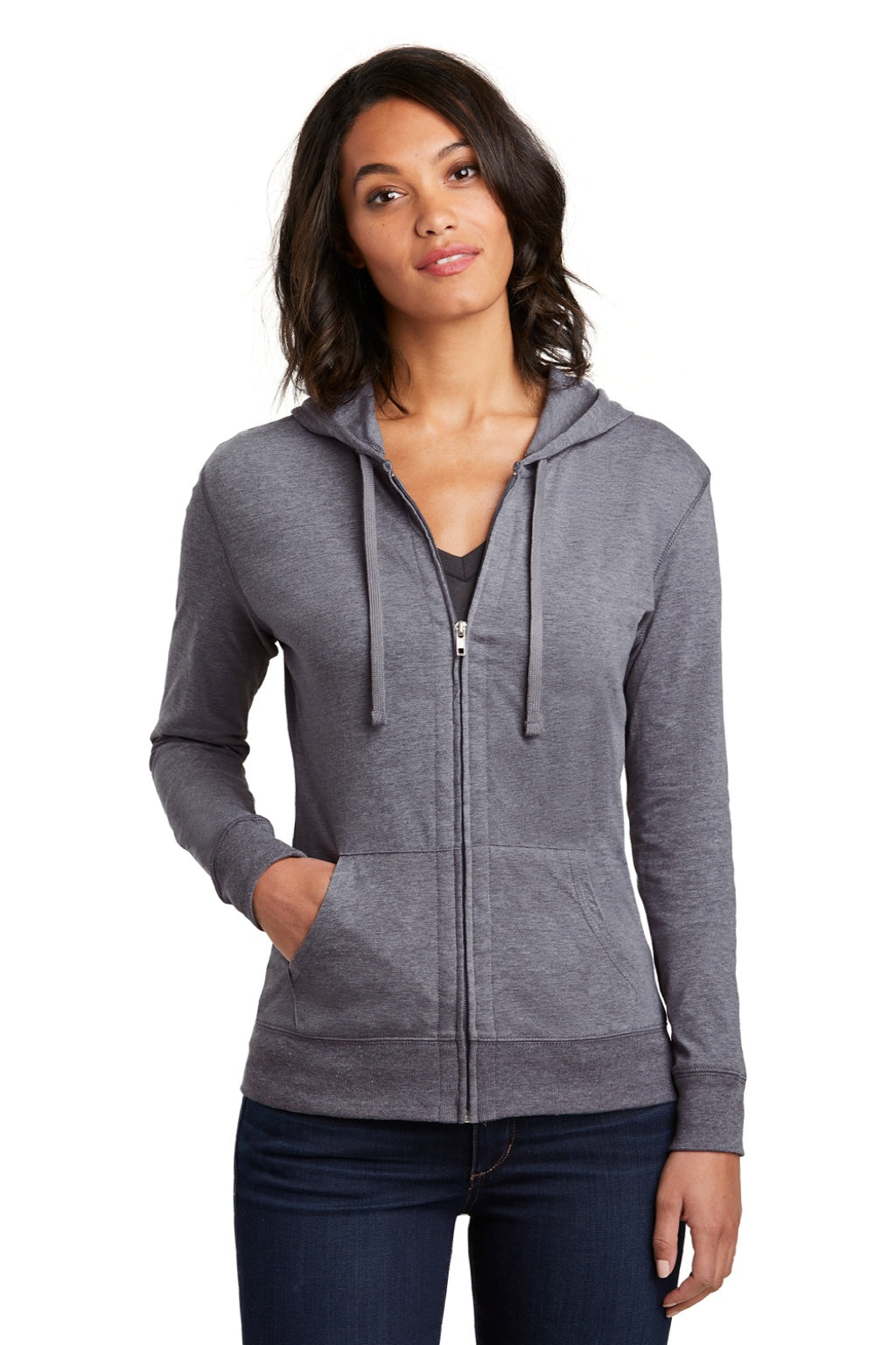 District DT2100 Womens Full Zip Hooded Sweatshirt Hoodie w/ Pockets Heather Dark Grey Model Front