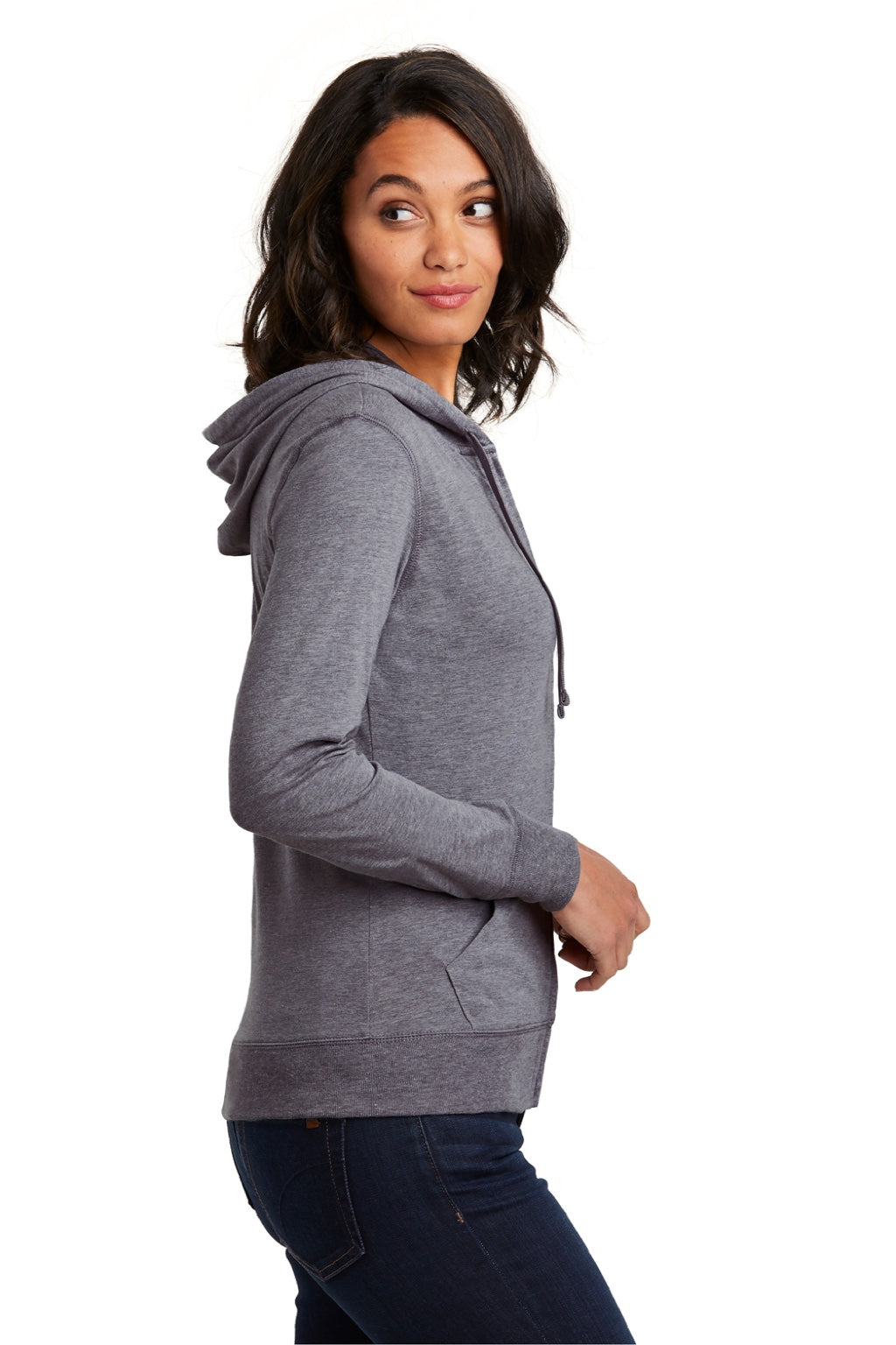 District DT2100 Womens Full Zip Hooded Sweatshirt Hoodie w/ Pockets Heather Dark Grey Model Side